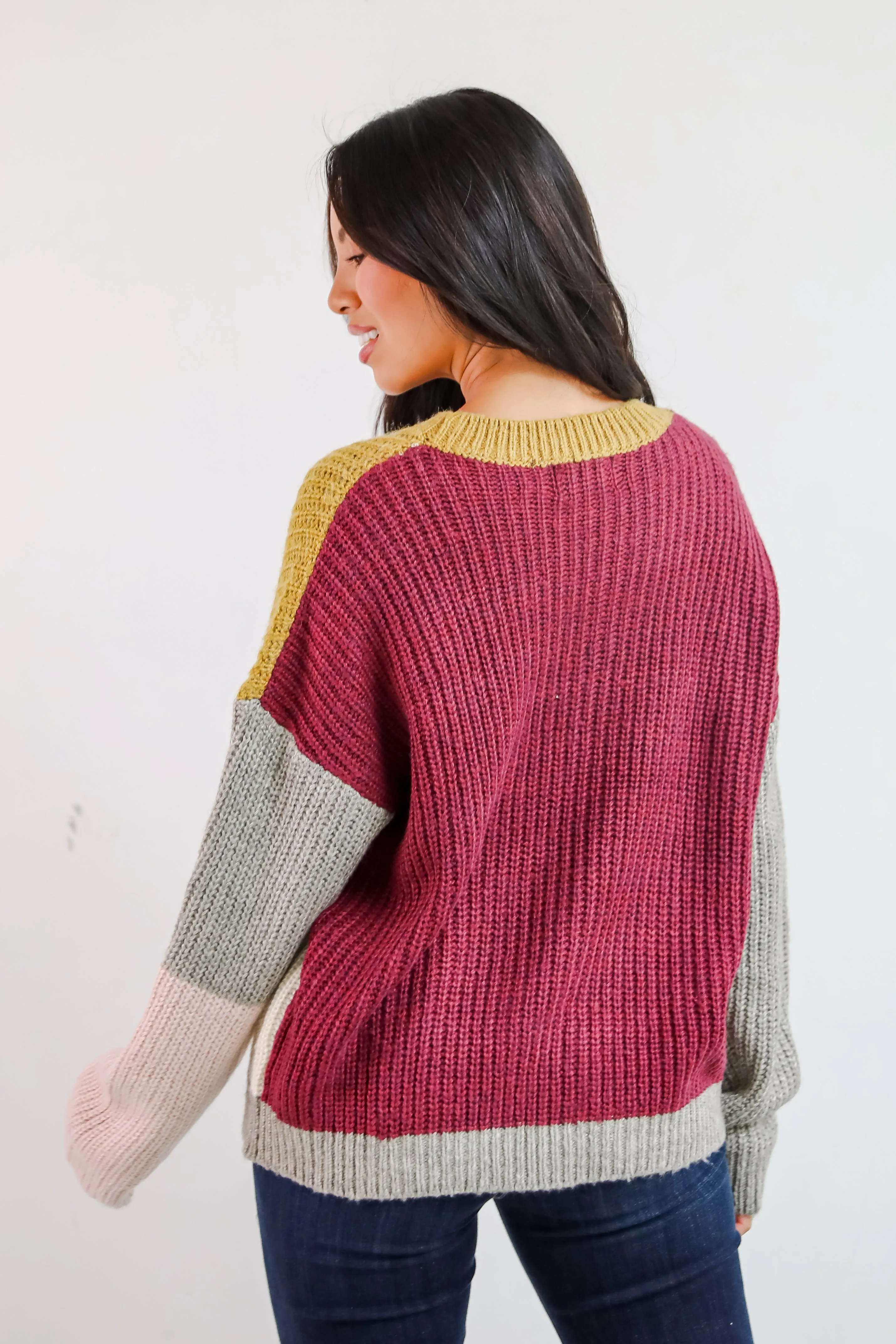 Adorable Expression Burgundy Color Block Sweater