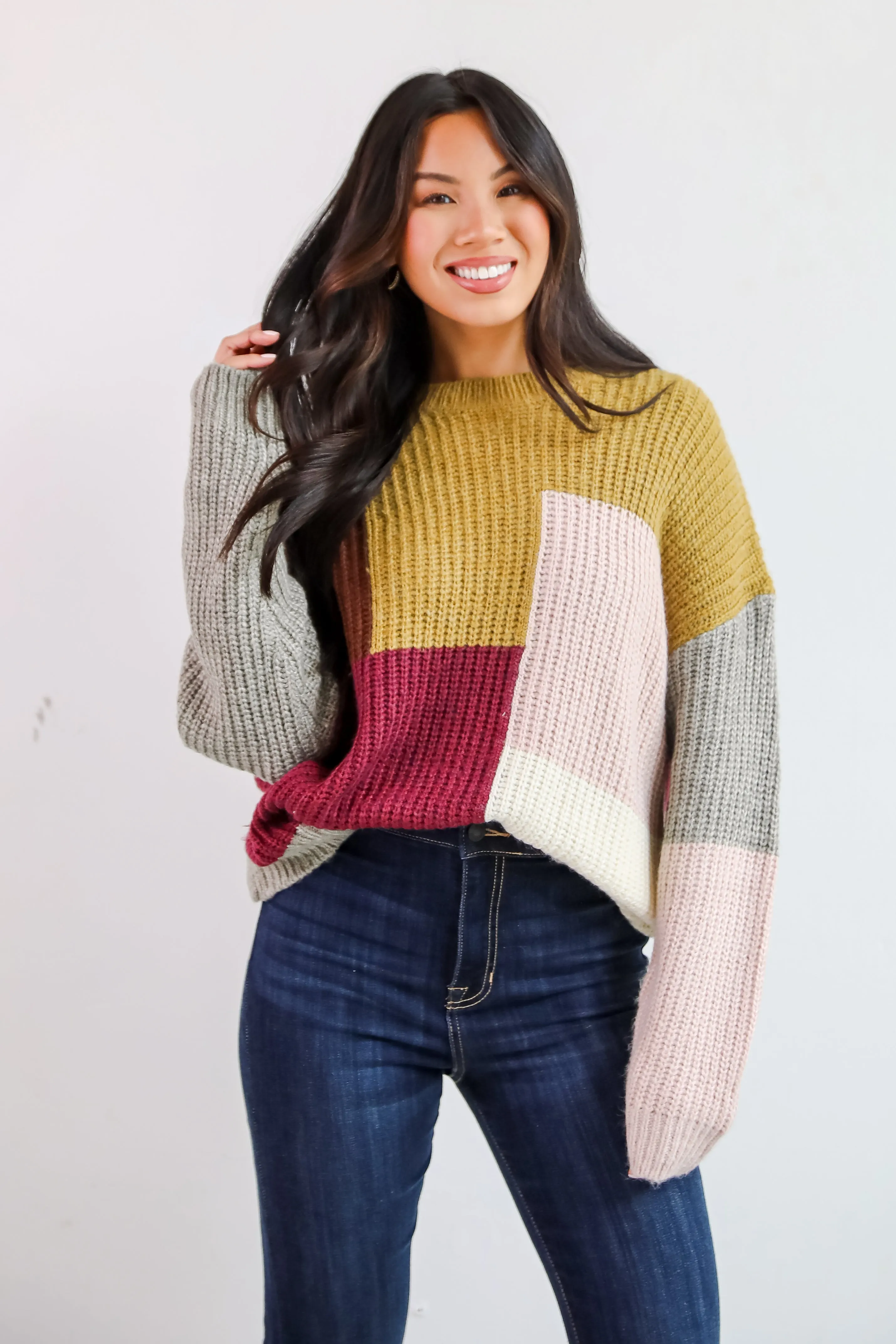 Adorable Expression Burgundy Color Block Sweater