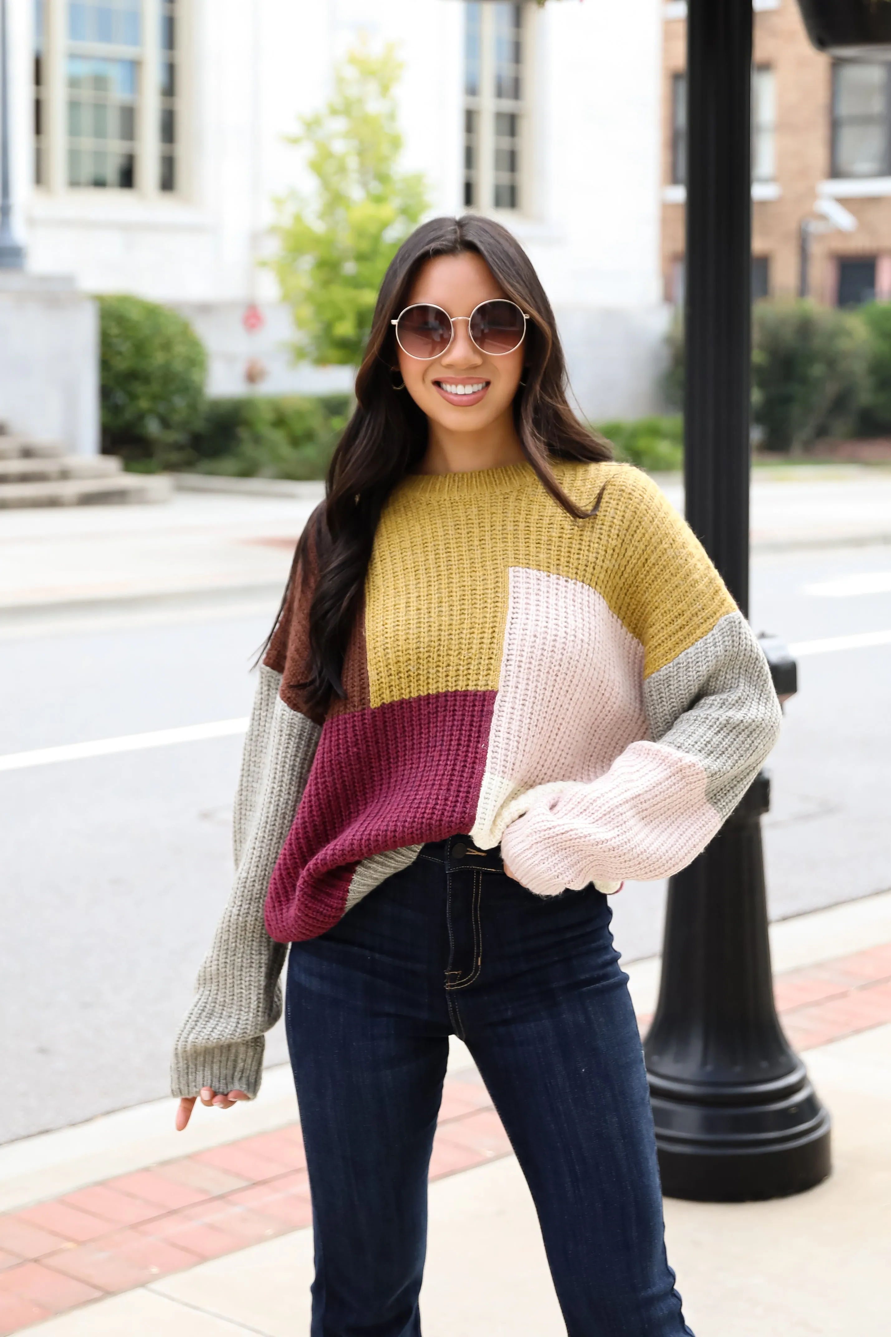 Adorable Expression Burgundy Color Block Sweater