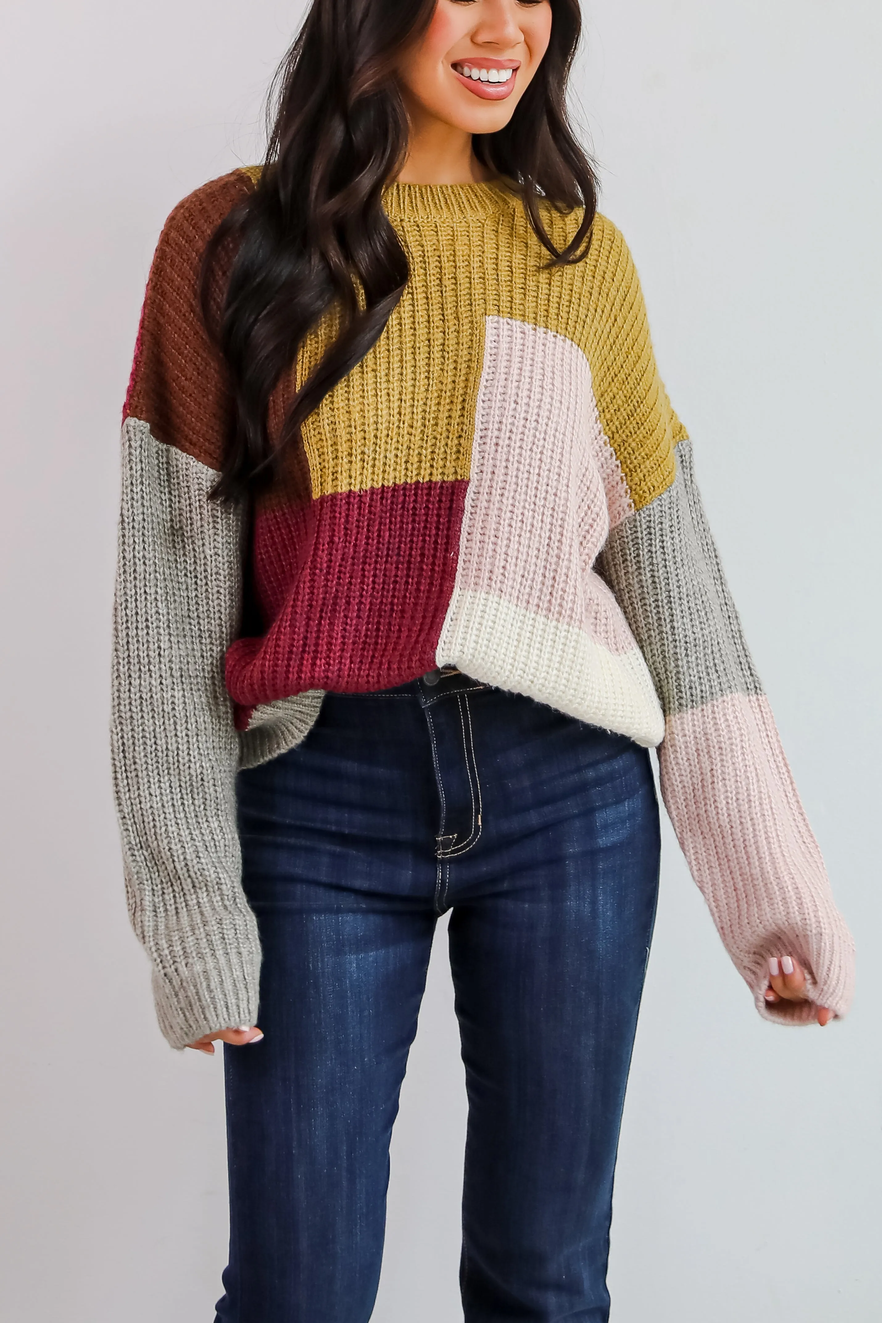 Adorable Expression Burgundy Color Block Sweater