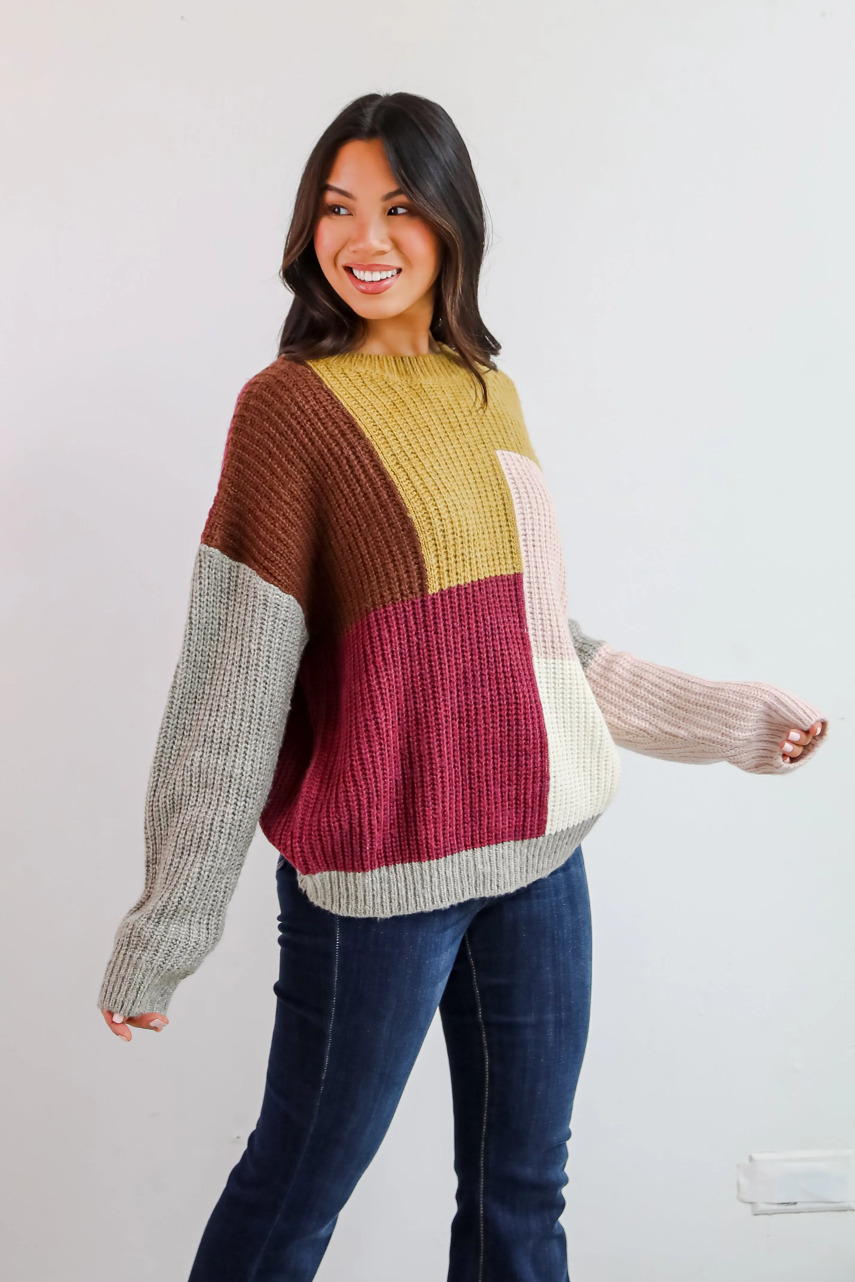 Adorable Expression Burgundy Color Block Sweater