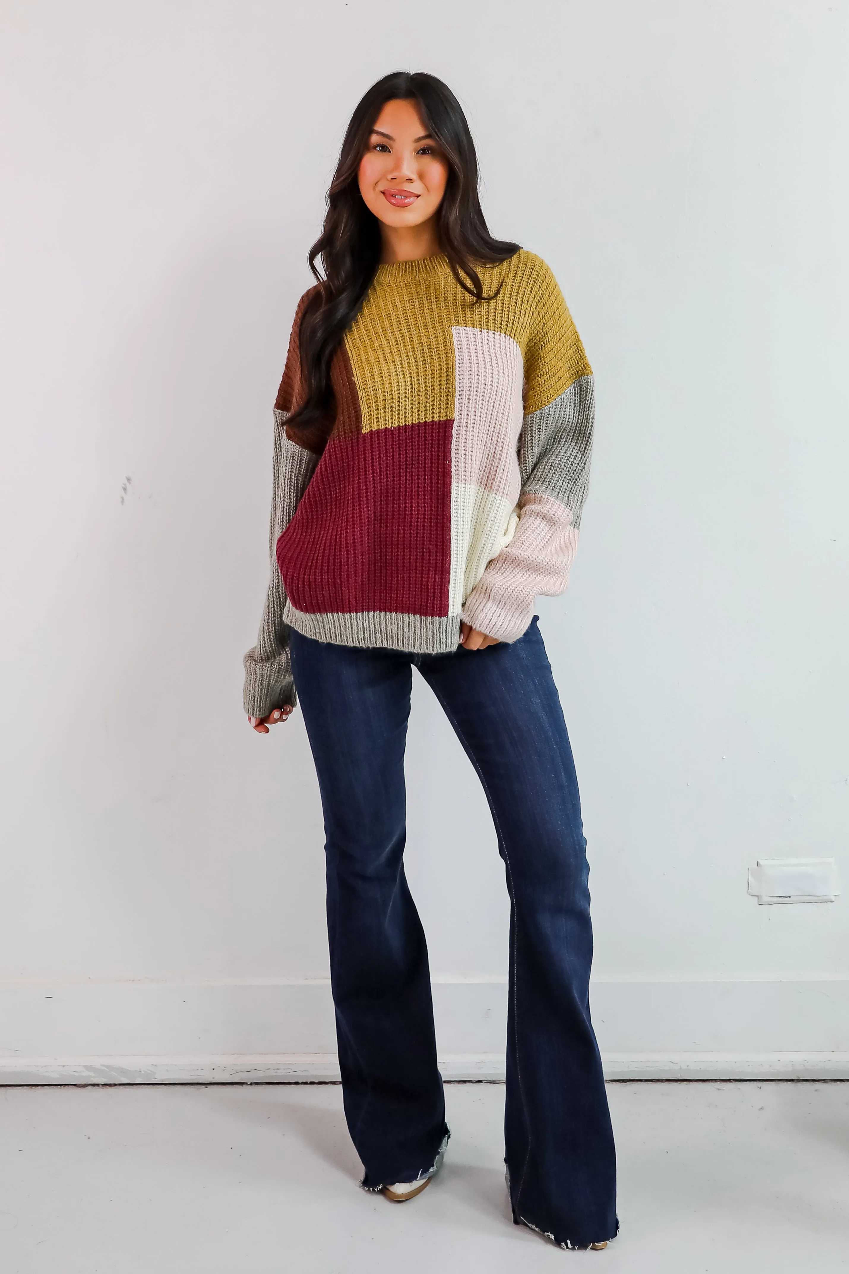 Adorable Expression Burgundy Color Block Sweater