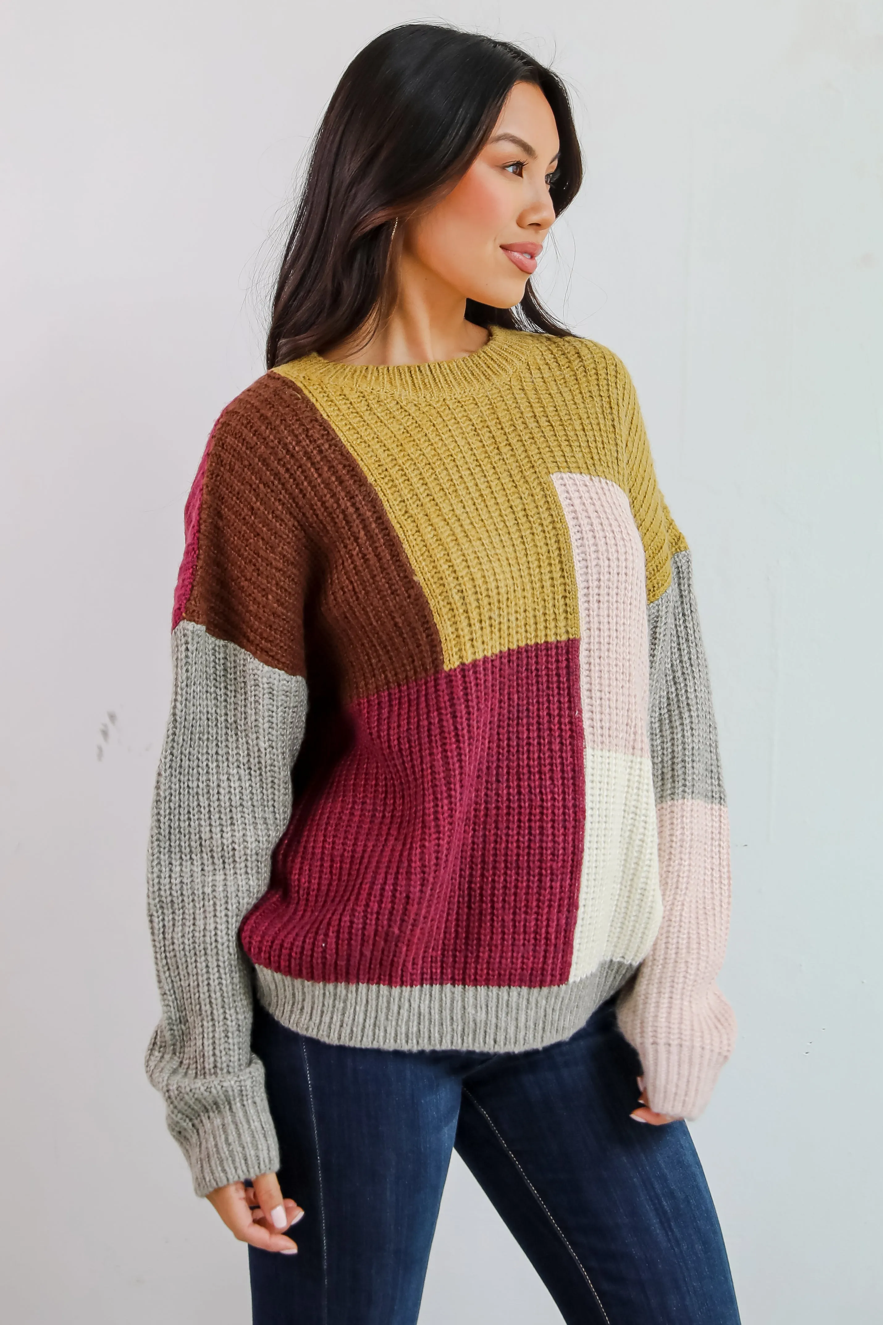 Adorable Expression Burgundy Color Block Sweater