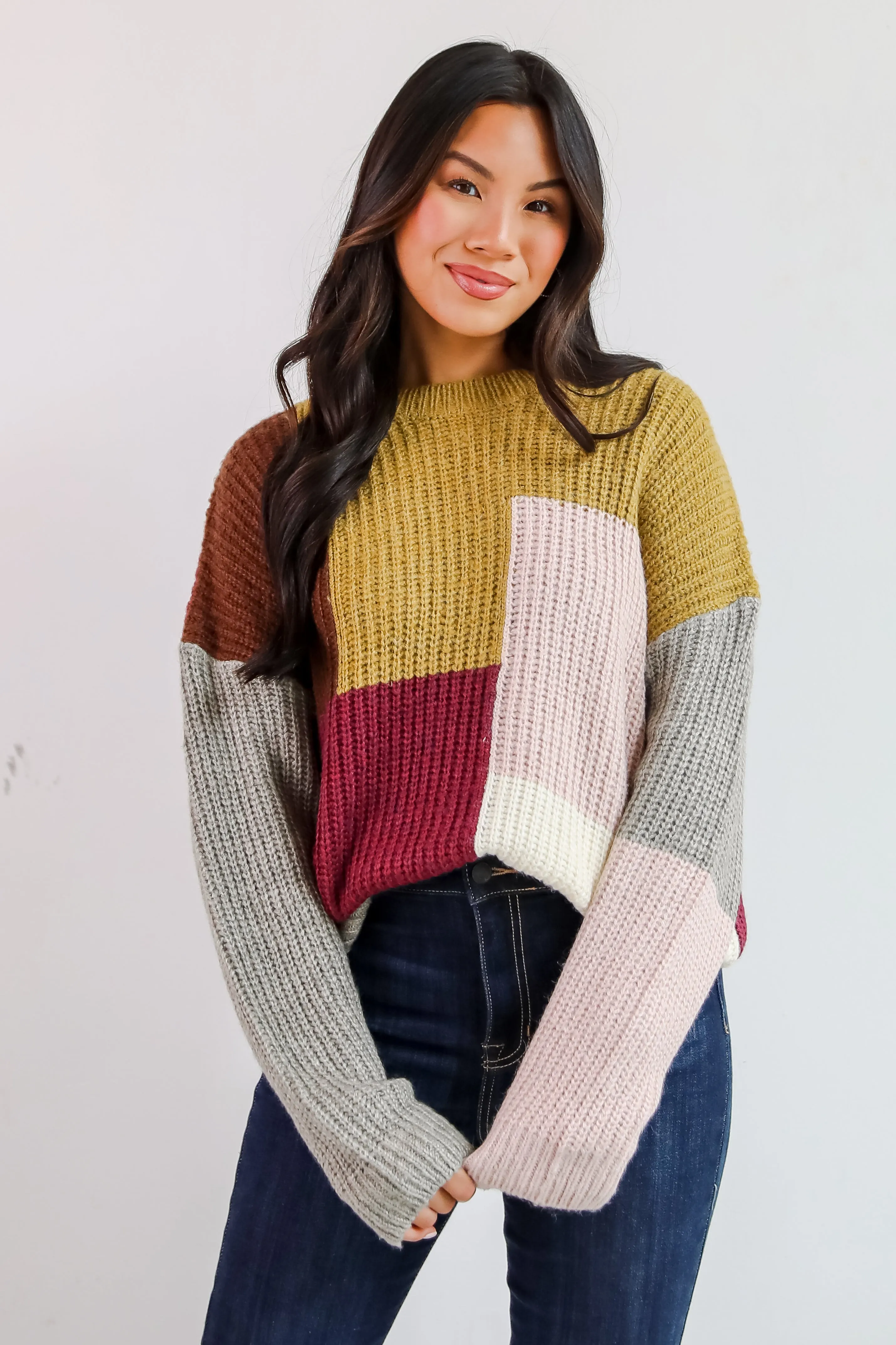 Adorable Expression Burgundy Color Block Sweater