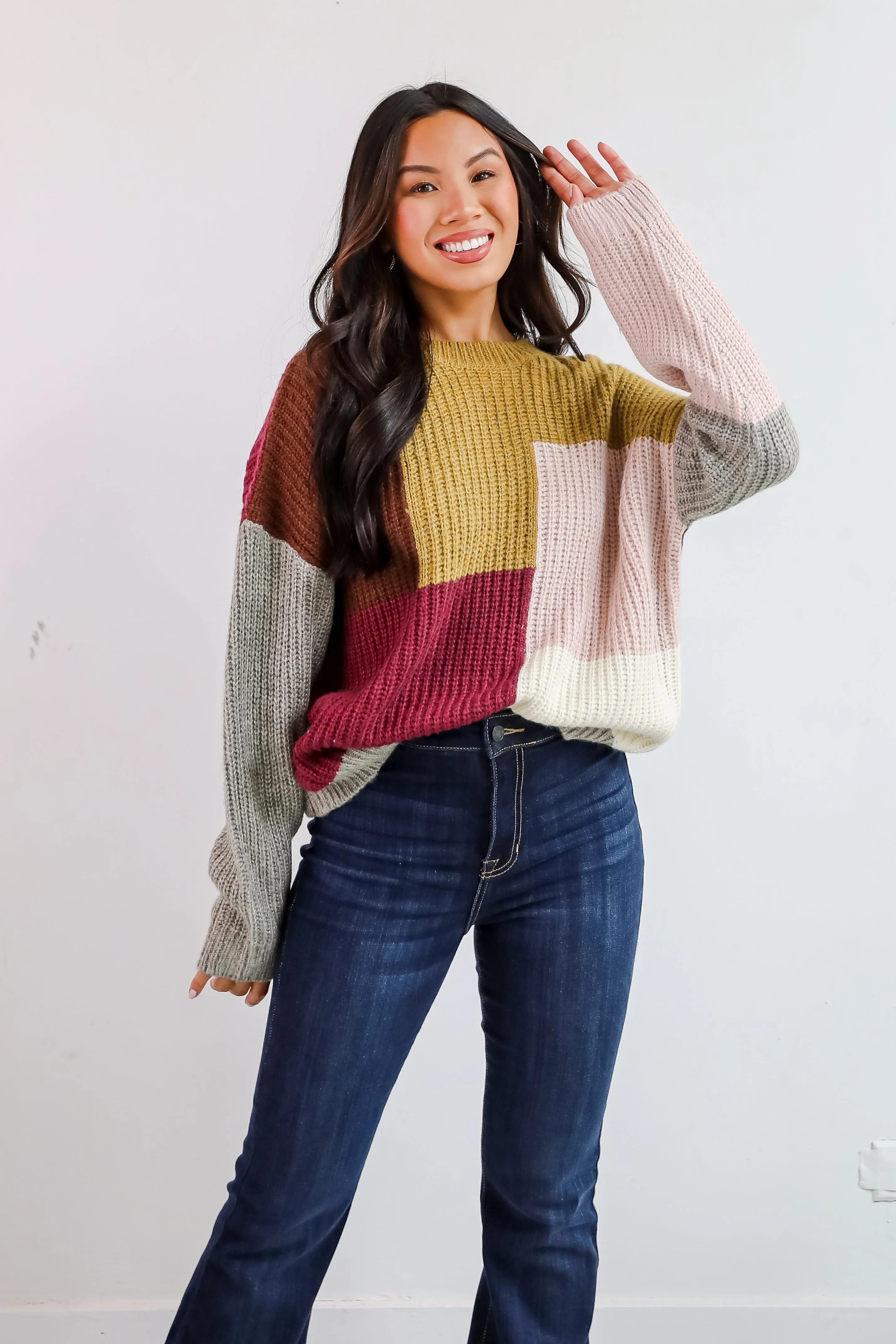 Adorable Expression Burgundy Color Block Sweater