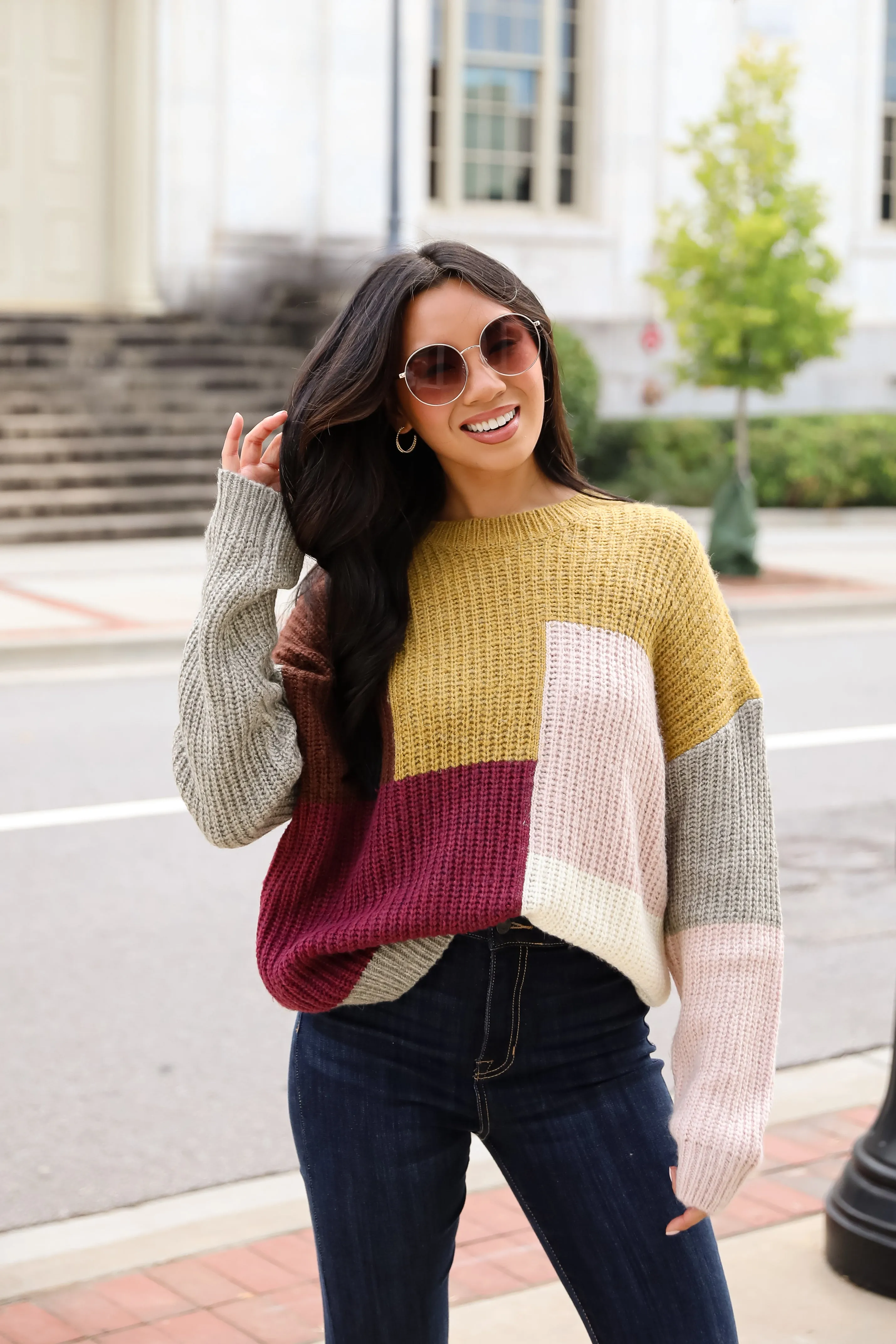 Adorable Expression Burgundy Color Block Sweater