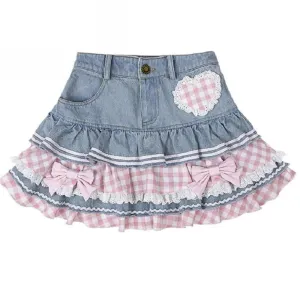 Aiertu Preppy Style Lolita Kawaii Skirts Japanese Sweet Mini Women Harajuku Cute Ball Gown Denim Skater Y2K High Waist Lace Cake Skirts