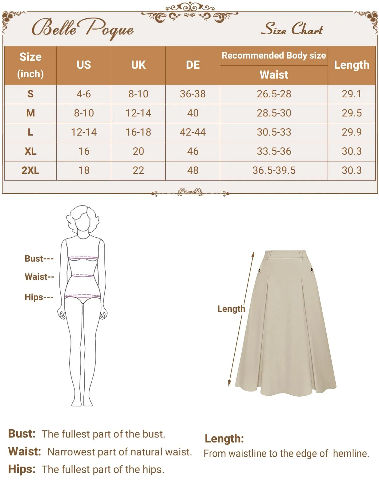 Belle Poque Women's Elastic High Waist Pleated Midi Skirts A-line Swing Corduroy Skirt with Pockets Beige Small