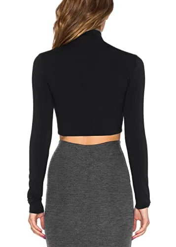 Bestisun Cropped Turtleneck Tops Stretchy Gym Crop Top Cropped Turtleneck Shirts Long Sleeve Turtleneck Crop Top Black S