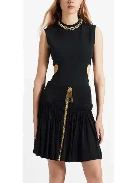 Black Gathered Zipper Mini Skirt