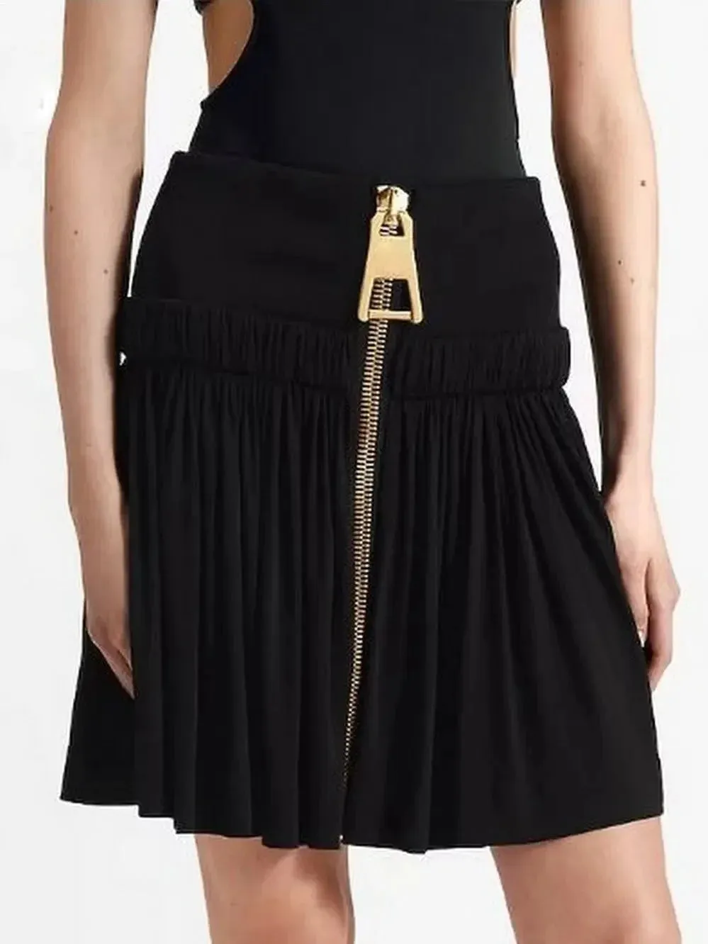 Black Gathered Zipper Mini Skirt