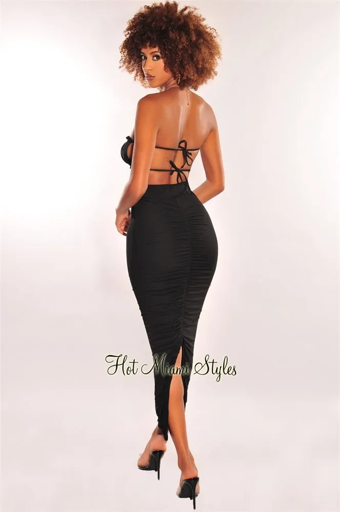 Black Ruched High Waist Maxi Skirt