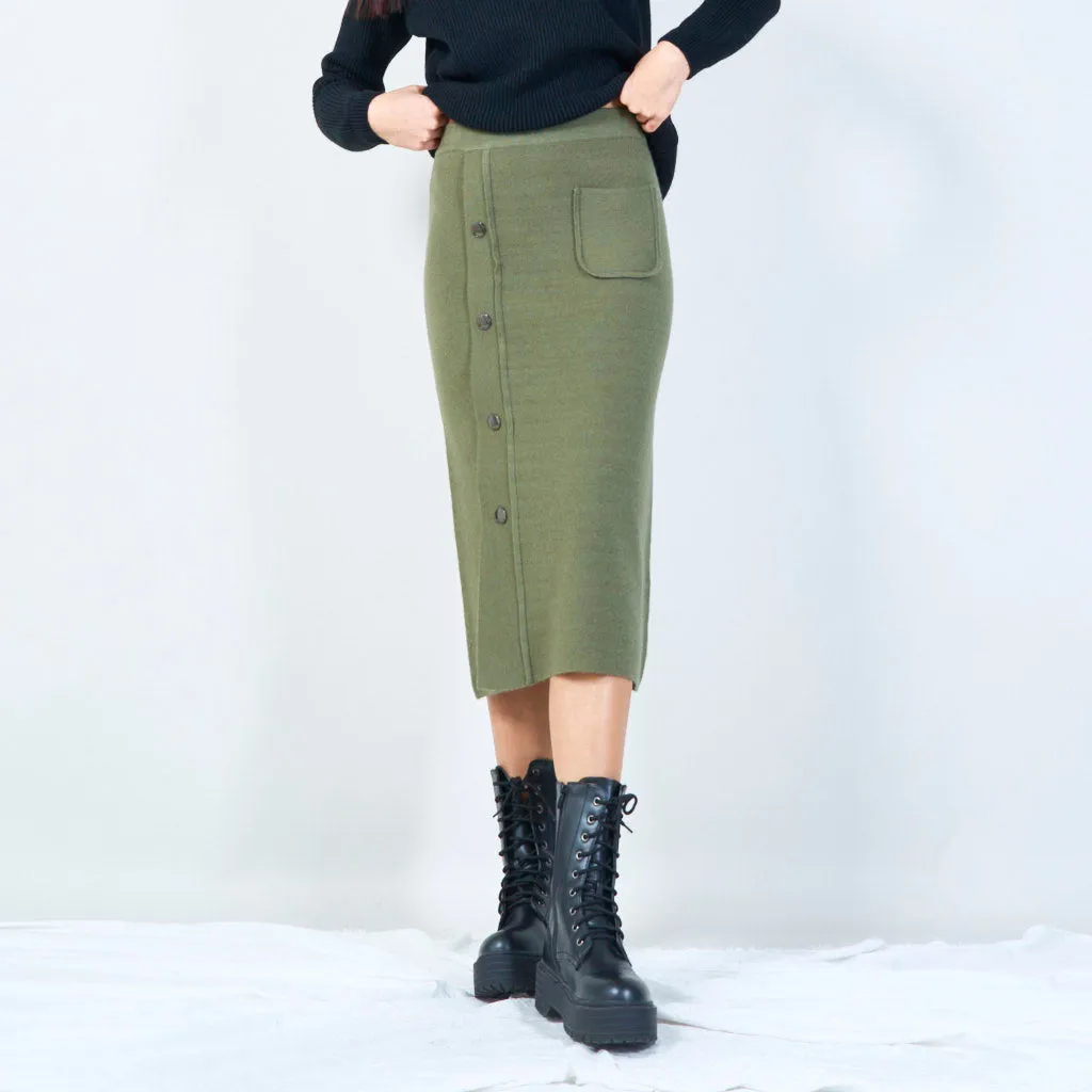 Button-up midi knit skirt with pocket wholesale