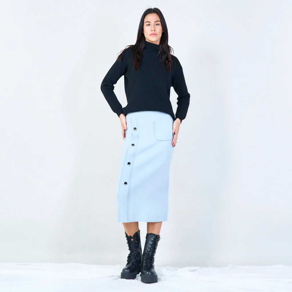 Button-up midi knit skirt with pocket wholesale