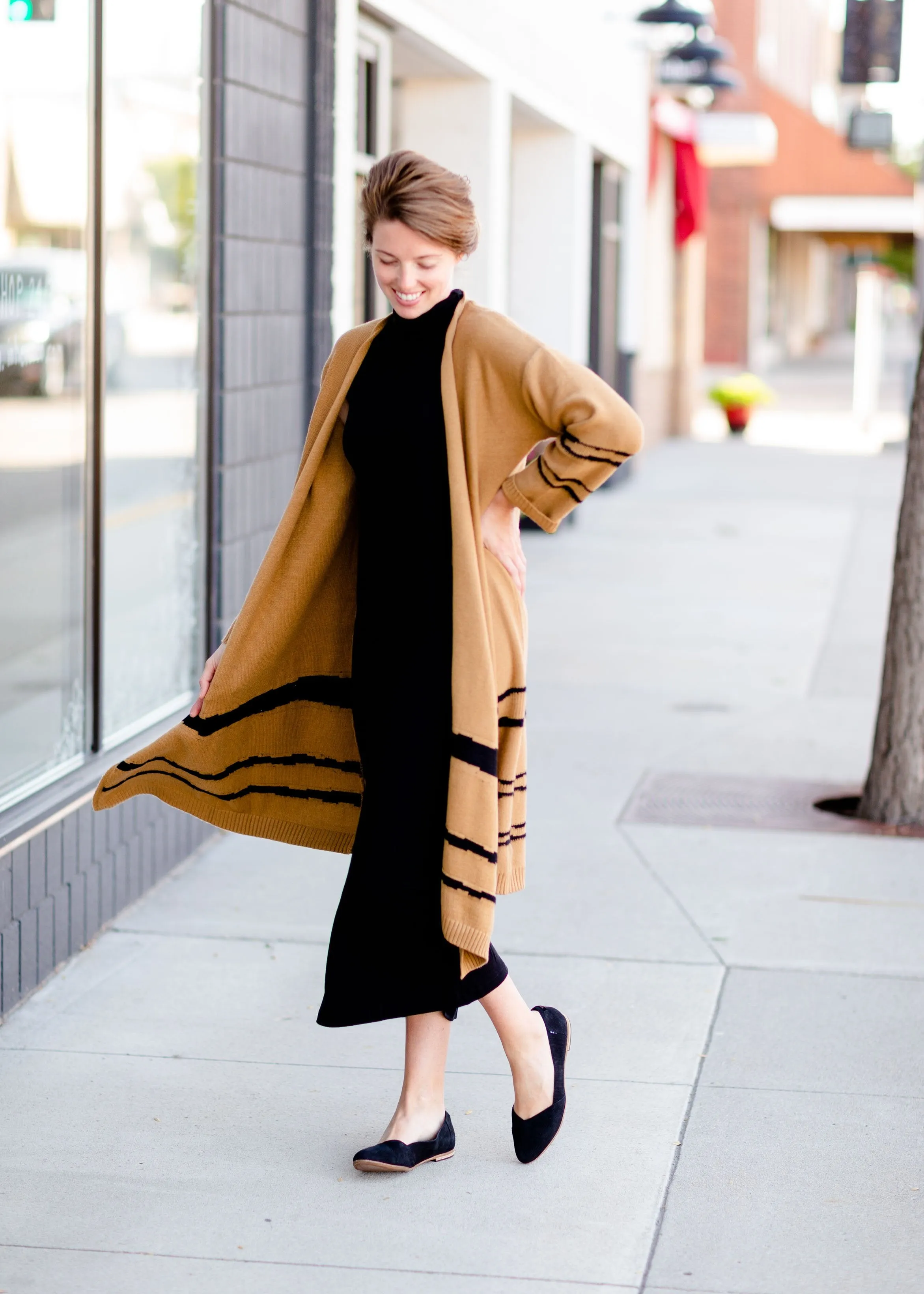 Camel   Black Print Long Cozy Cardigan