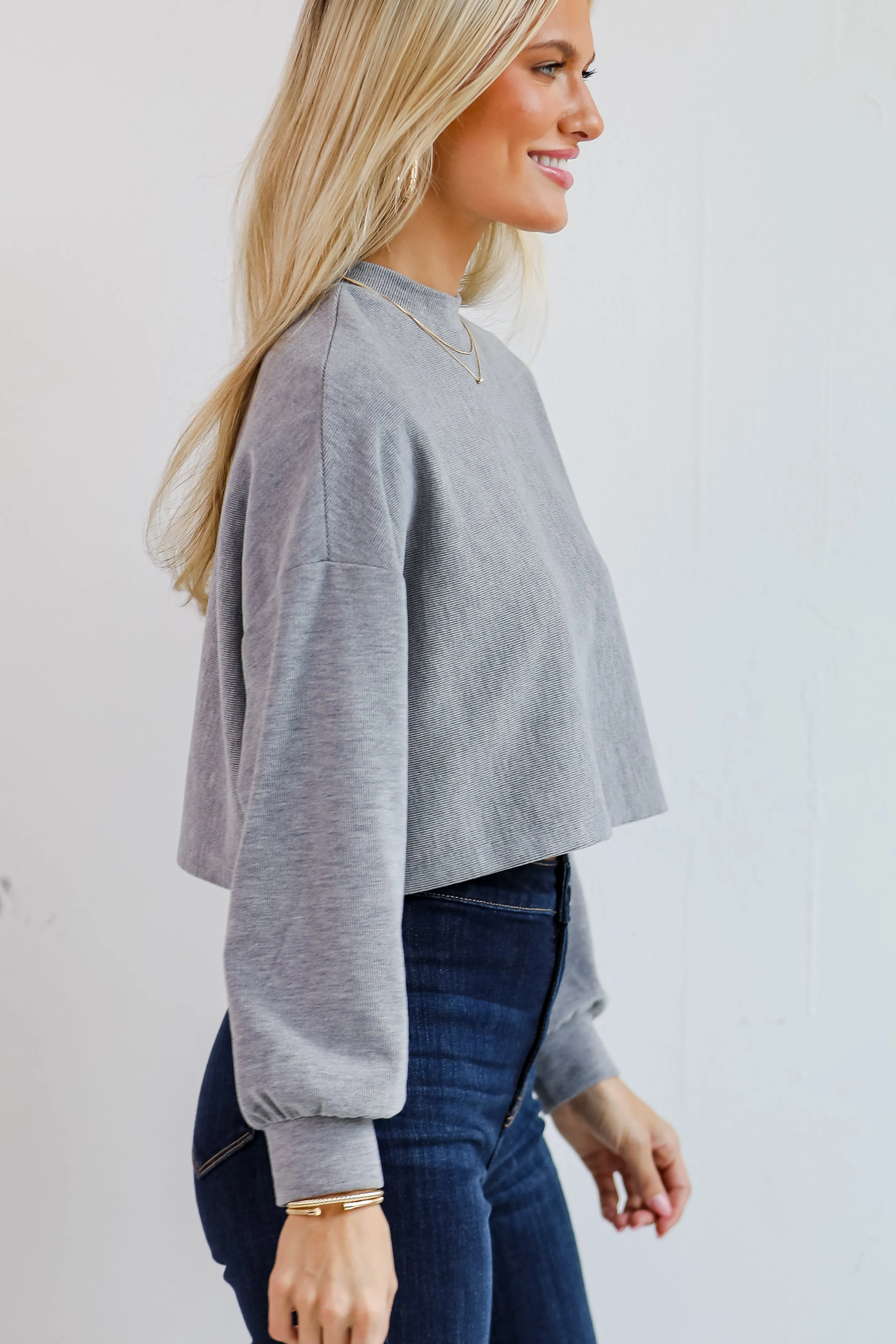 Charmed Vibes Grey Cropped Long Sleeve Top - DU DEAL