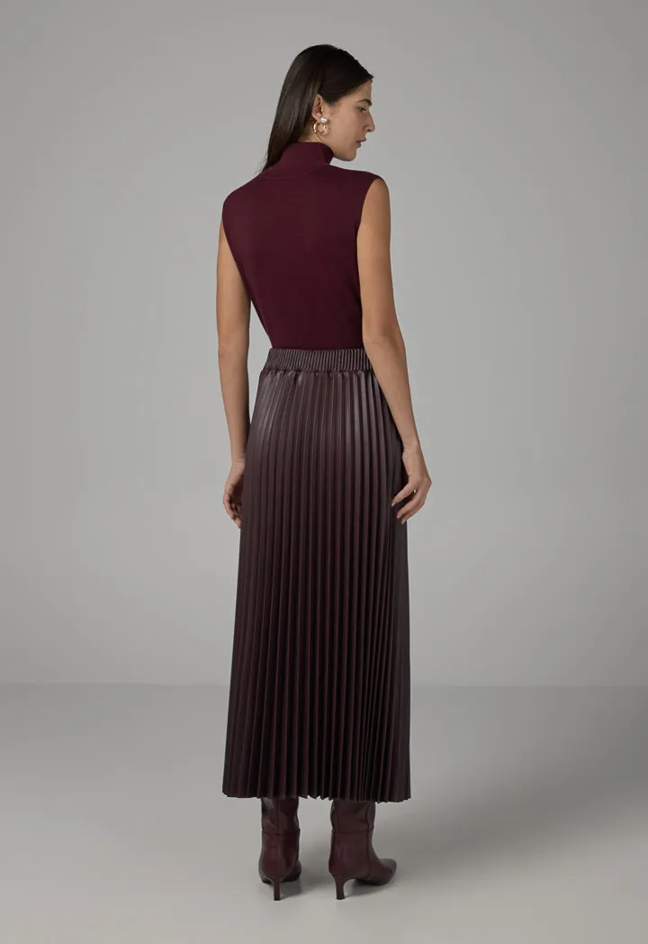 Choice Pleated Pu Leather Solid Skirt Burgundy