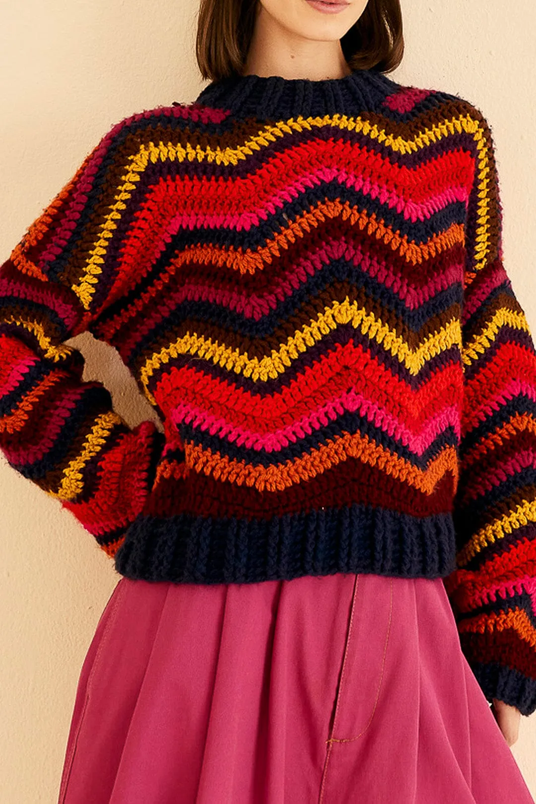 Colorful Waves Crochet High Neck Sweater