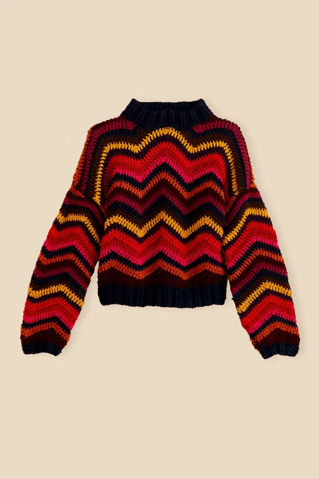 Colorful Waves Crochet High Neck Sweater