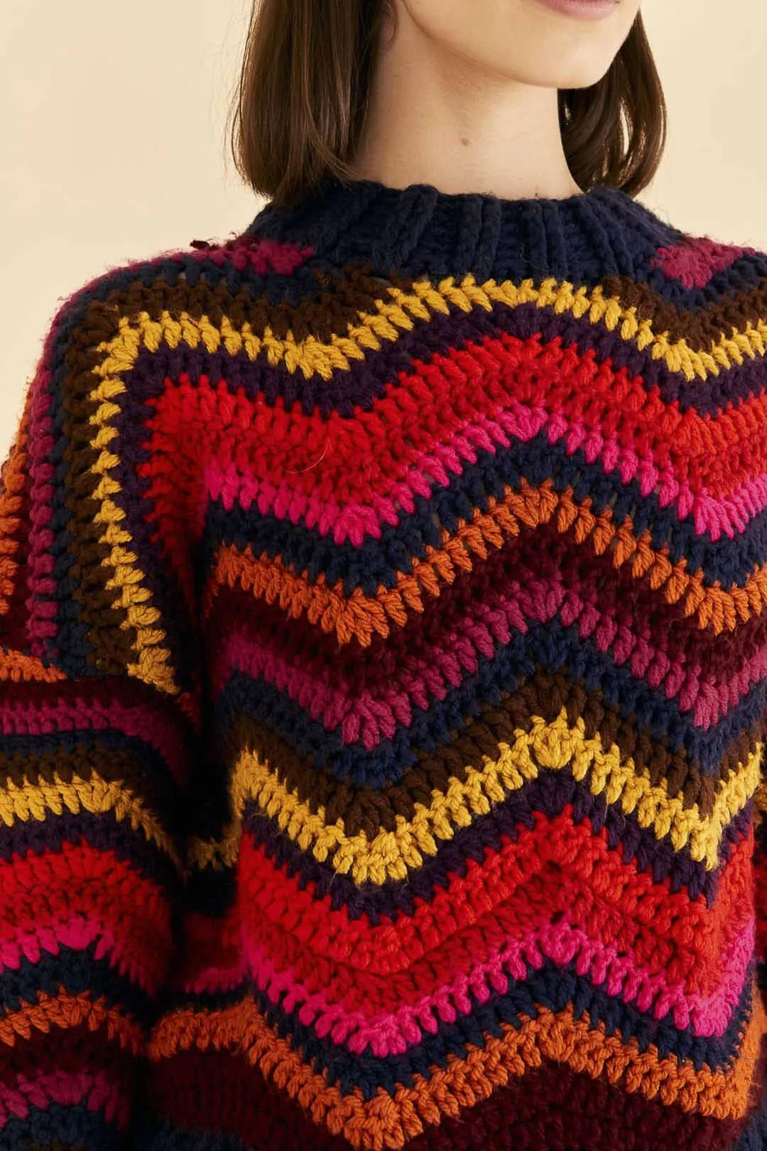 Colorful Waves Crochet High Neck Sweater