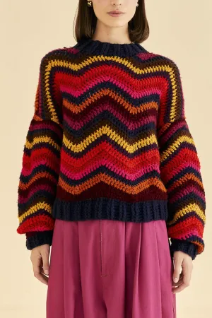 Colorful Waves Crochet High Neck Sweater