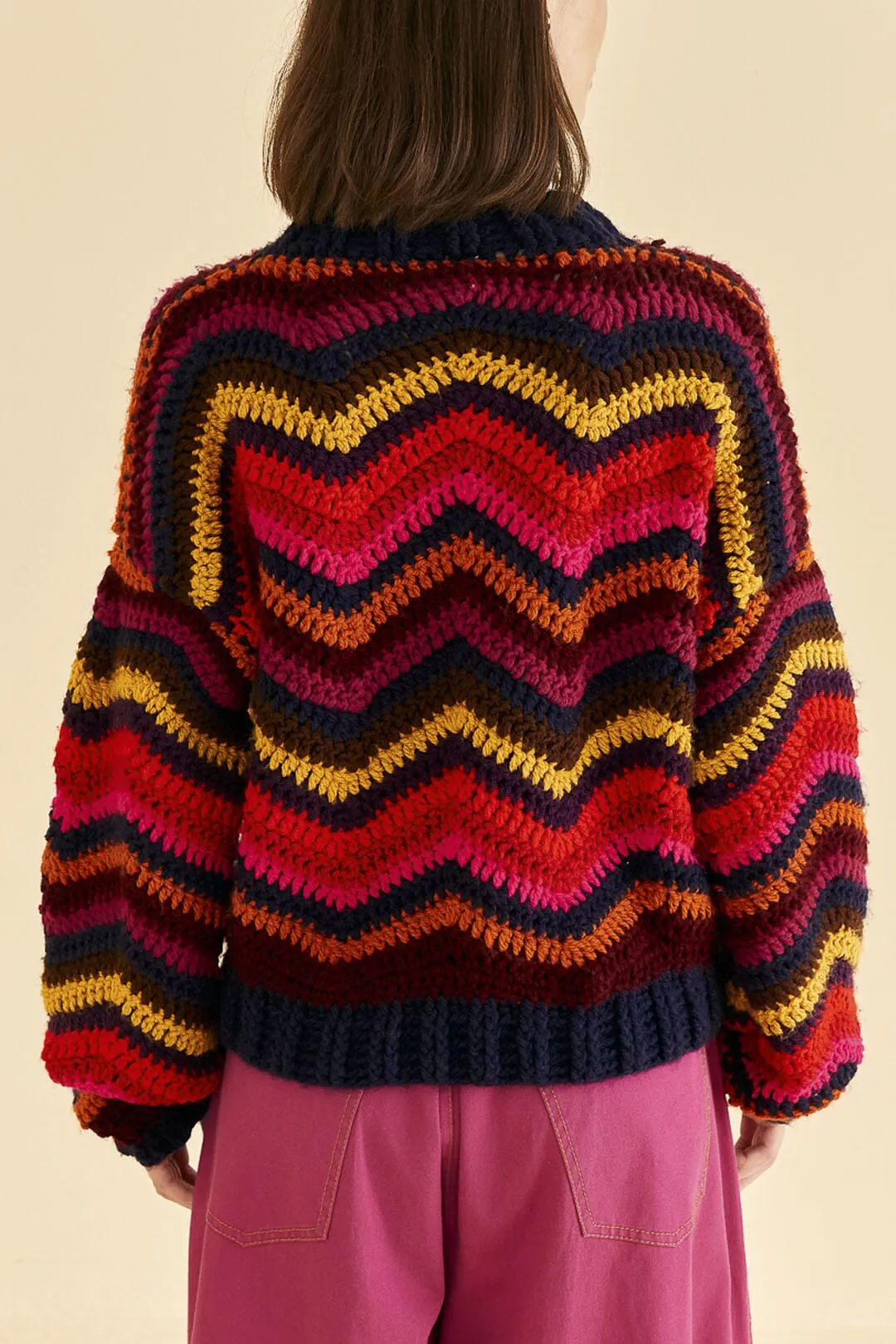 Colorful Waves Crochet High Neck Sweater