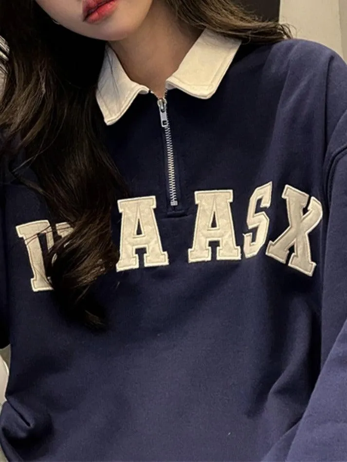 Contrast Color Letter Embroidery Kangaroo Pocket Sweatshirt