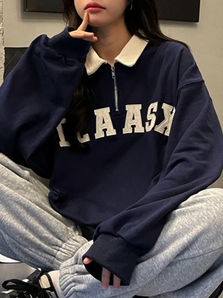 Contrast Color Letter Embroidery Kangaroo Pocket Sweatshirt