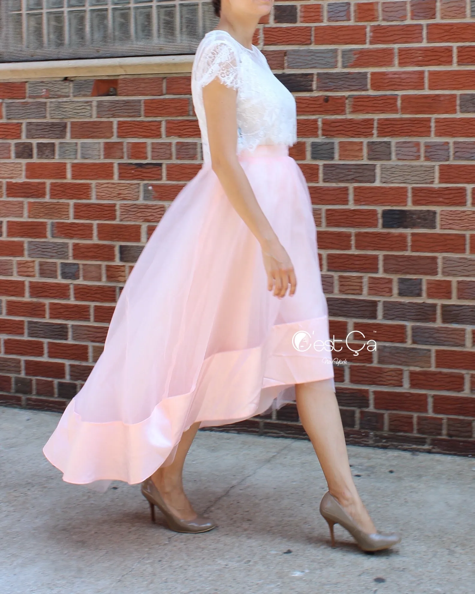 Donna Blush Pink High-Low Satin Organza & Tulle Skirt