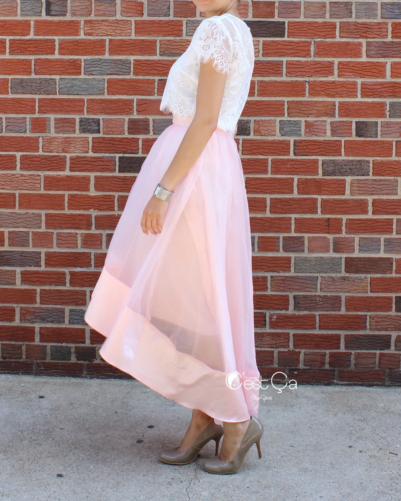 Donna Blush Pink High-Low Satin Organza & Tulle Skirt