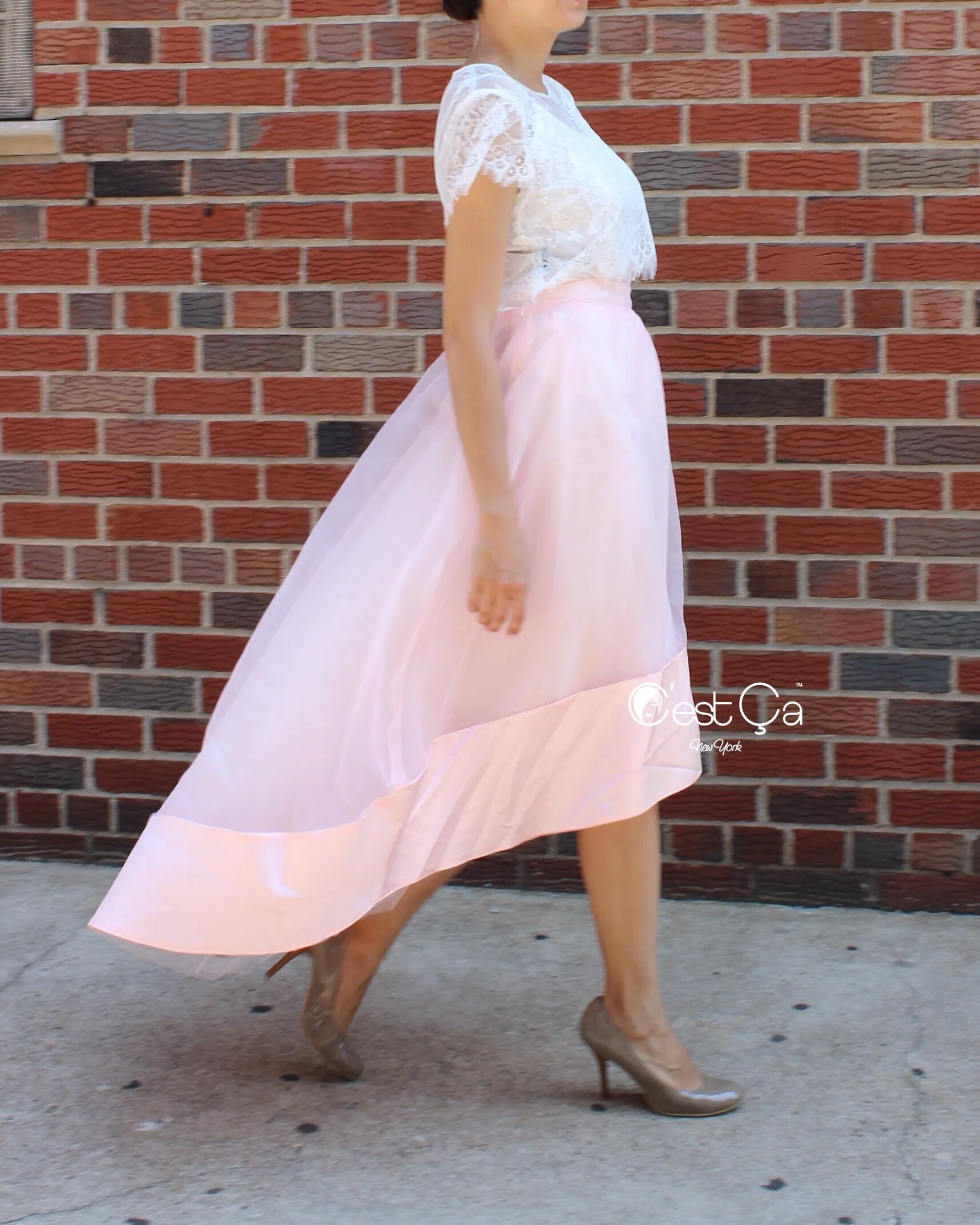 Donna Blush Pink High-Low Satin Organza & Tulle Skirt