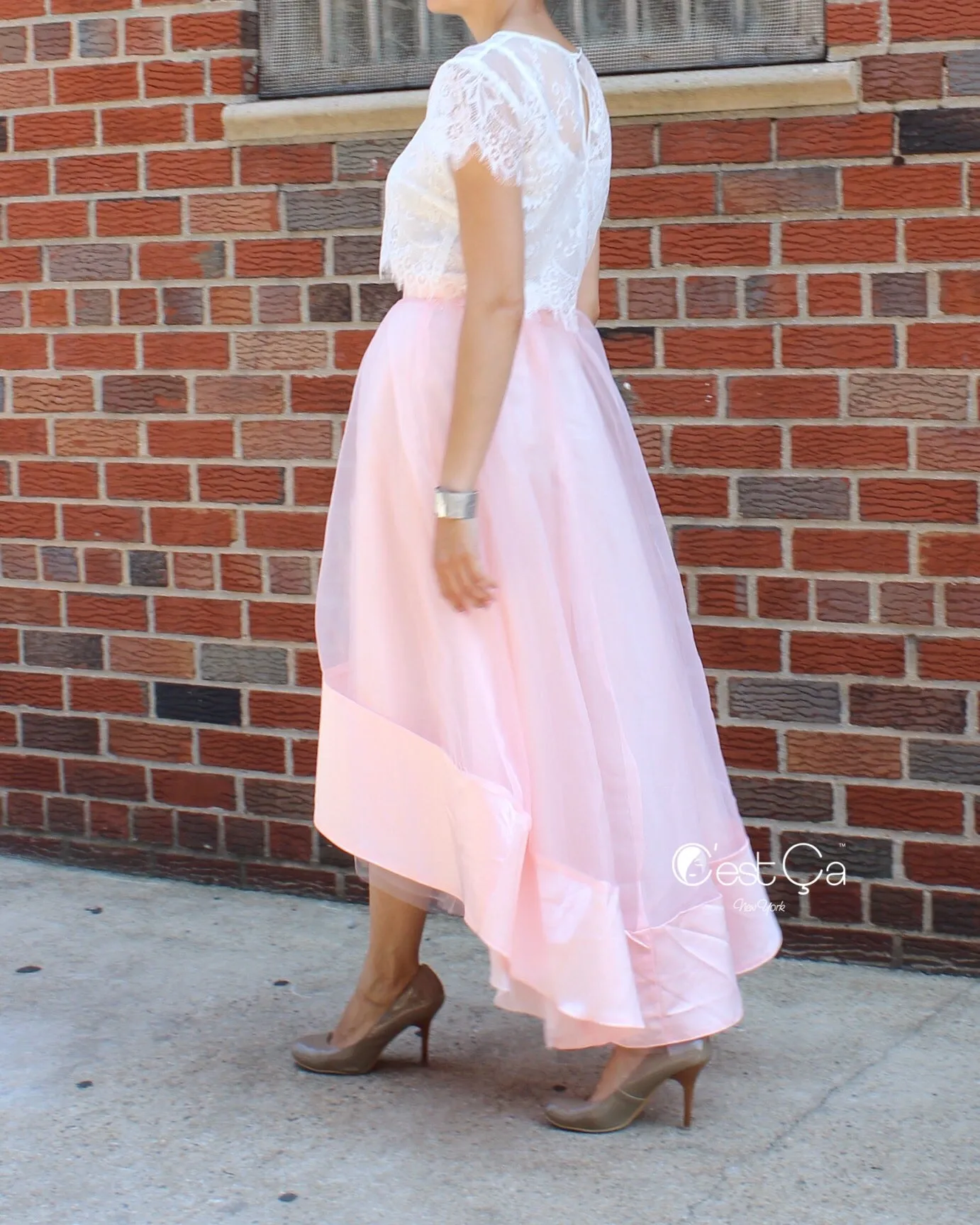 Donna Blush Pink High-Low Satin Organza & Tulle Skirt