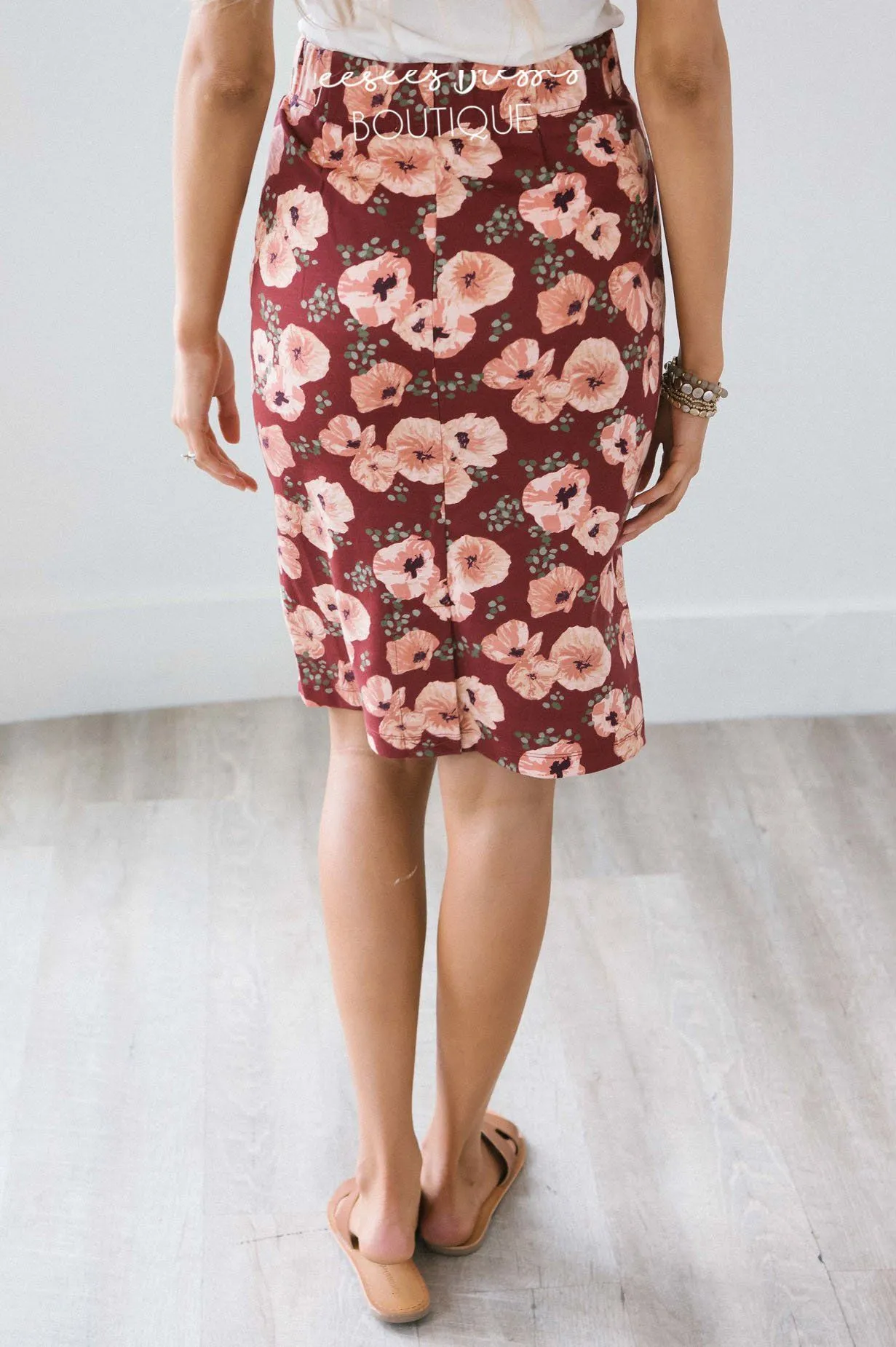 Dusty Burgundy Floral Pencil Skirt