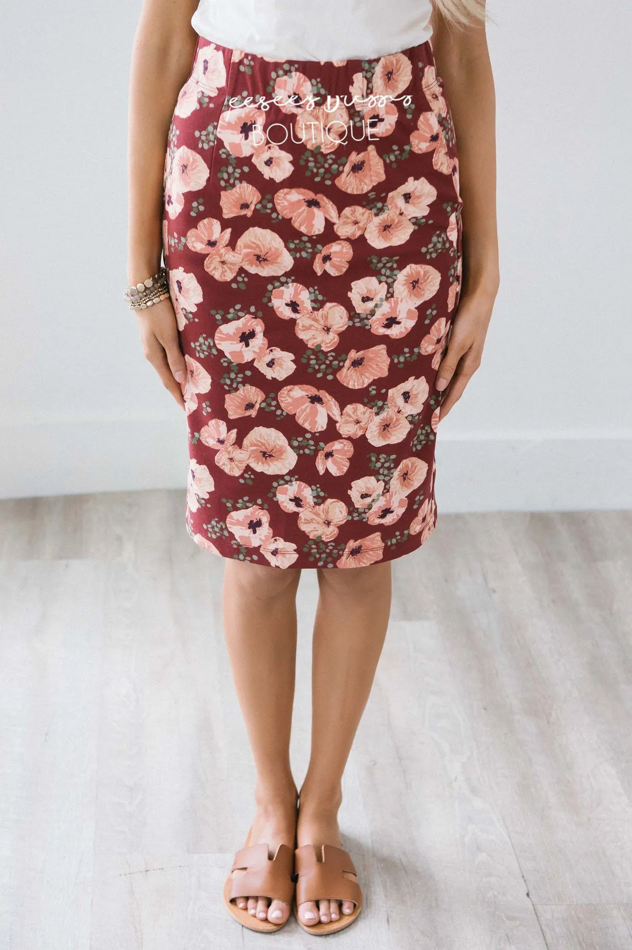 Dusty Burgundy Floral Pencil Skirt