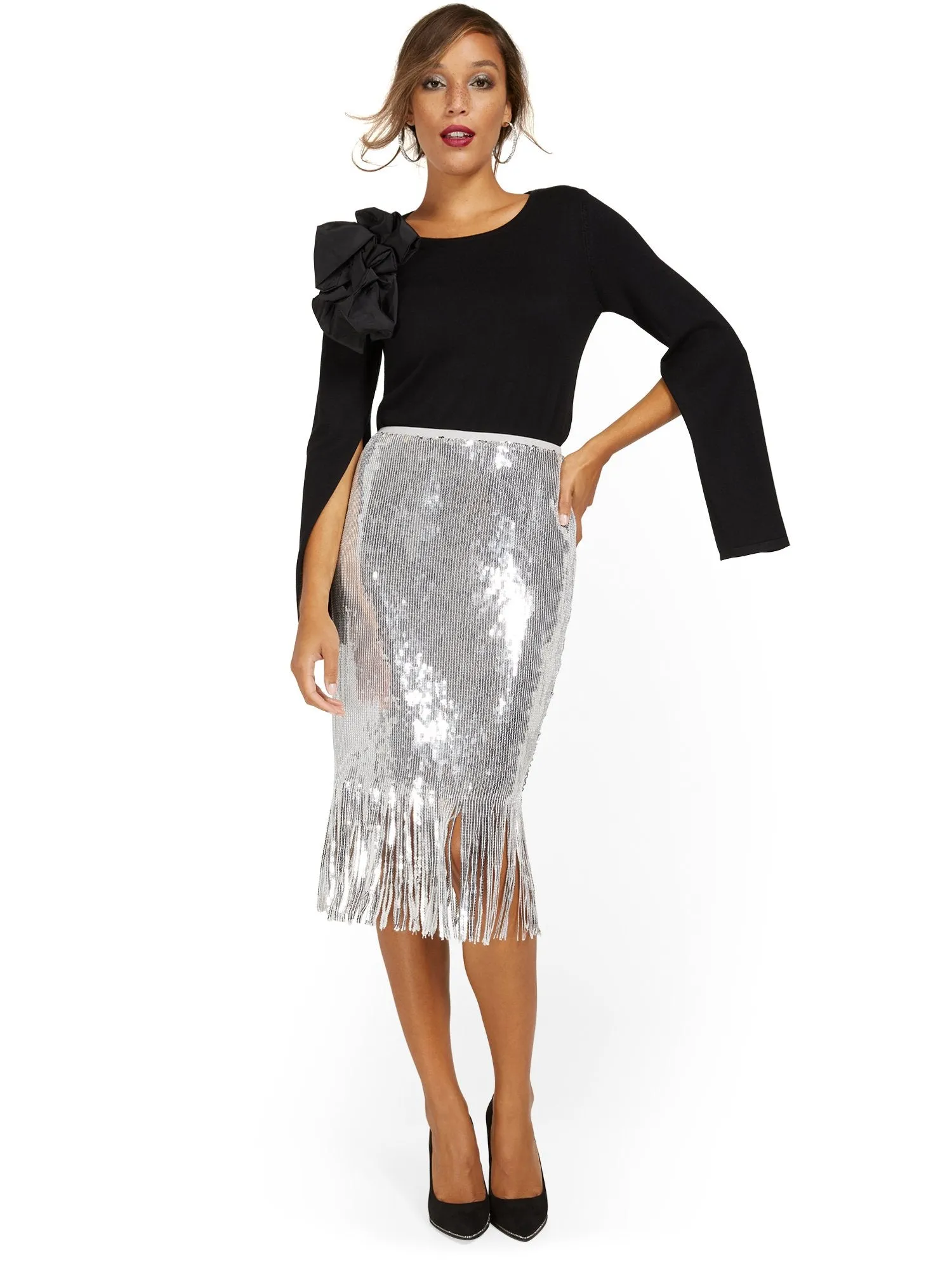 Fringe Sequin Pencil Skirt