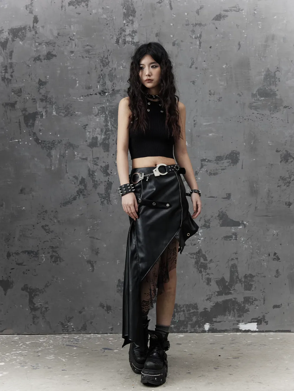 Frustration Garden Gothic Punk Asymmetrical Skirt - Black Faux Leather With Lace Trim And Chain