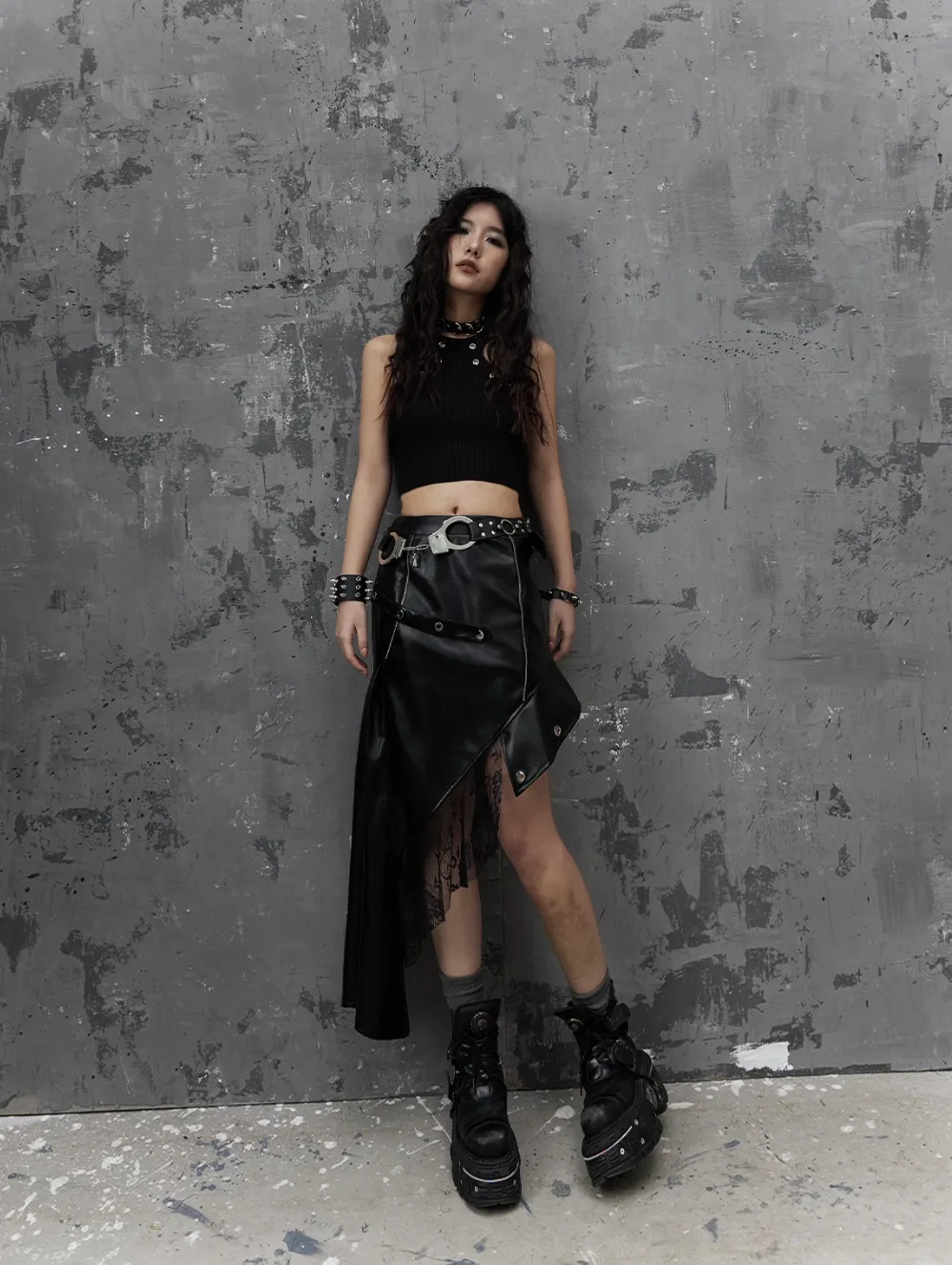 Frustration Garden Gothic Punk Asymmetrical Skirt - Black Faux Leather With Lace Trim And Chain