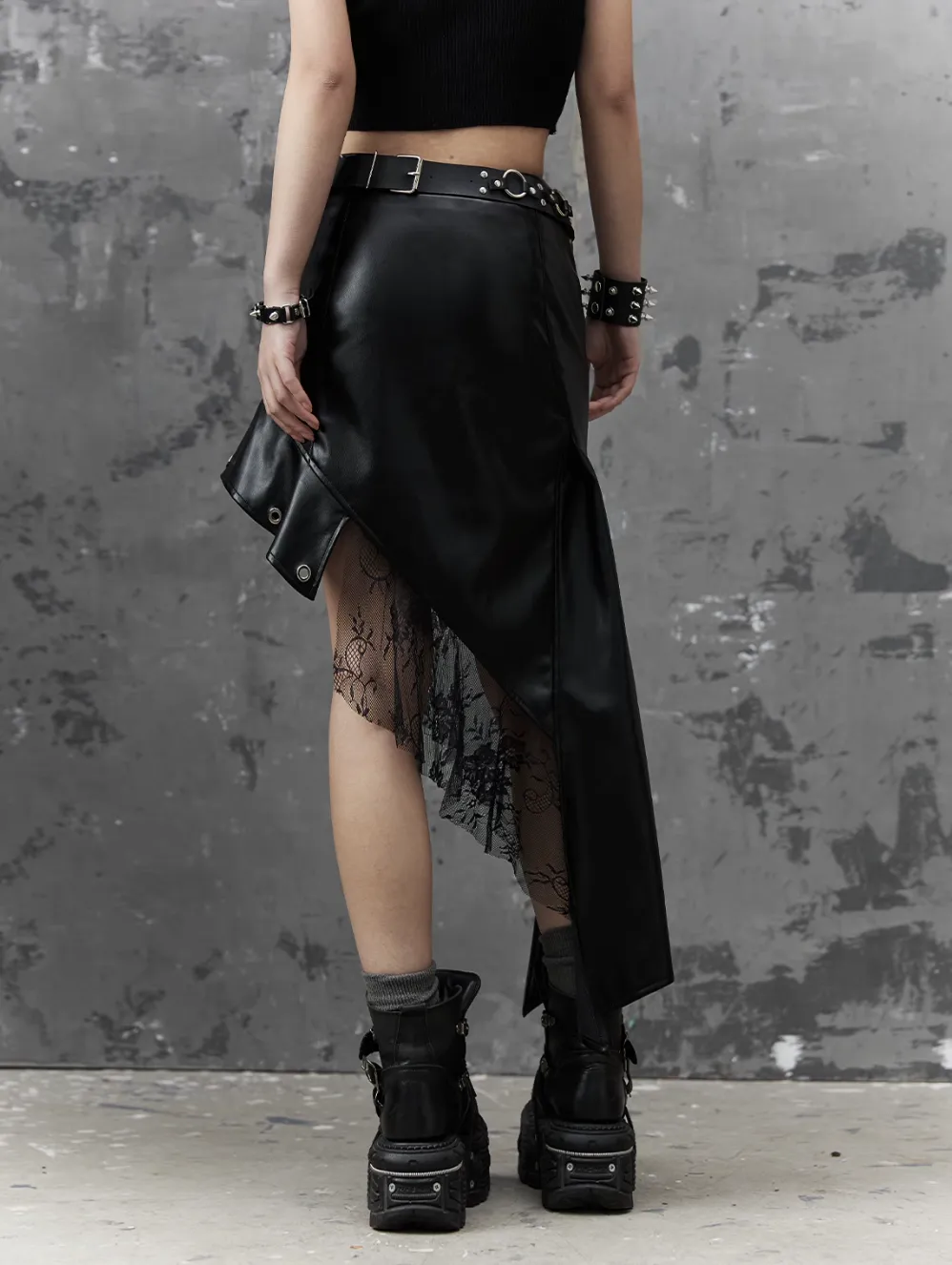 Frustration Garden Gothic Punk Asymmetrical Skirt - Black Faux Leather With Lace Trim And Chain