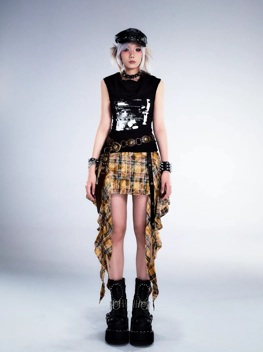 Frustration Garden Gothic Punk Asymmetrical Skirt - Yellow Plaid Ruffled Mini With Leather Straps