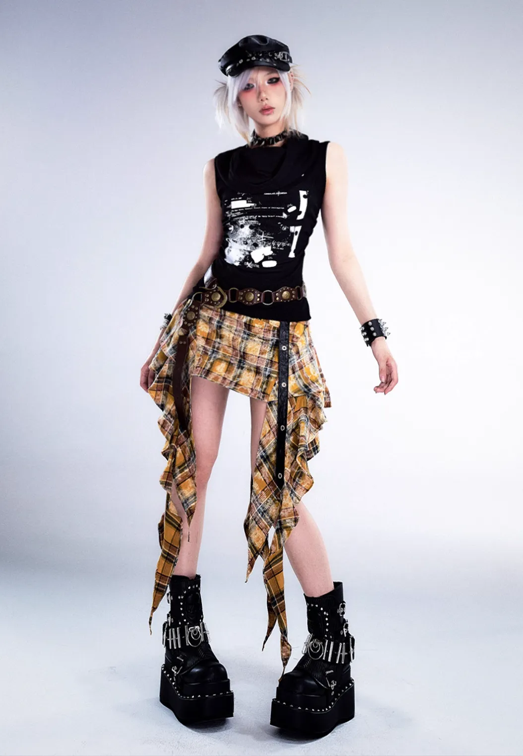 Frustration Garden Gothic Punk Asymmetrical Skirt - Yellow Plaid Ruffled Mini With Leather Straps