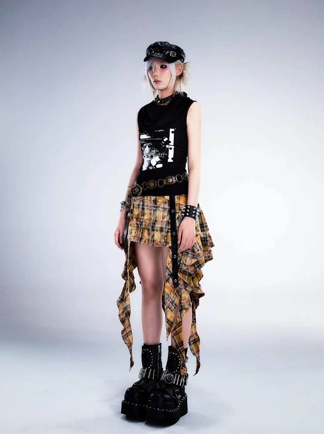 Frustration Garden Gothic Punk Asymmetrical Skirt - Yellow Plaid Ruffled Mini With Leather Straps