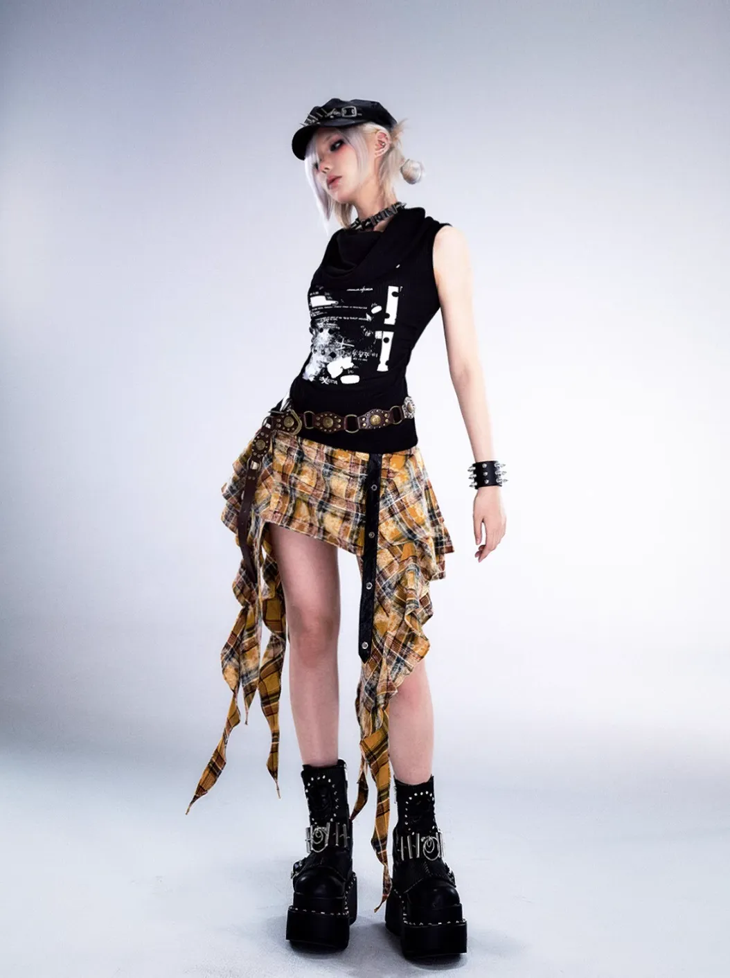 Frustration Garden Gothic Punk Asymmetrical Skirt - Yellow Plaid Ruffled Mini With Leather Straps