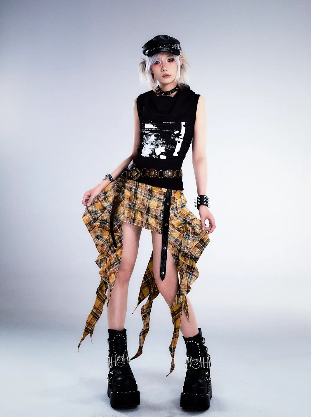 Frustration Garden Gothic Punk Asymmetrical Skirt - Yellow Plaid Ruffled Mini With Leather Straps