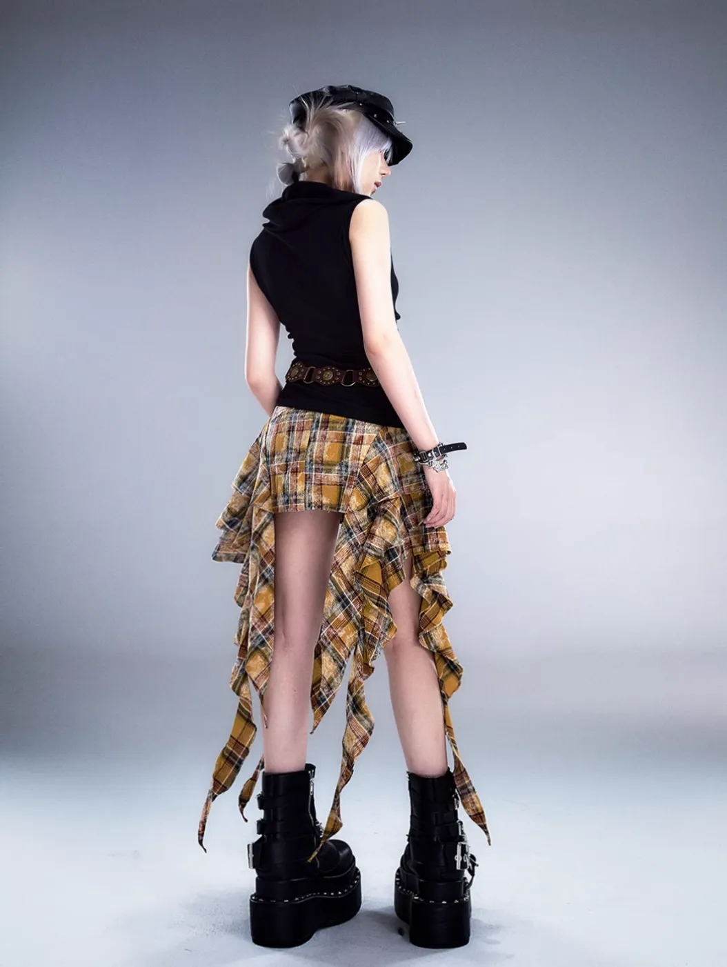 Frustration Garden Gothic Punk Asymmetrical Skirt - Yellow Plaid Ruffled Mini With Leather Straps