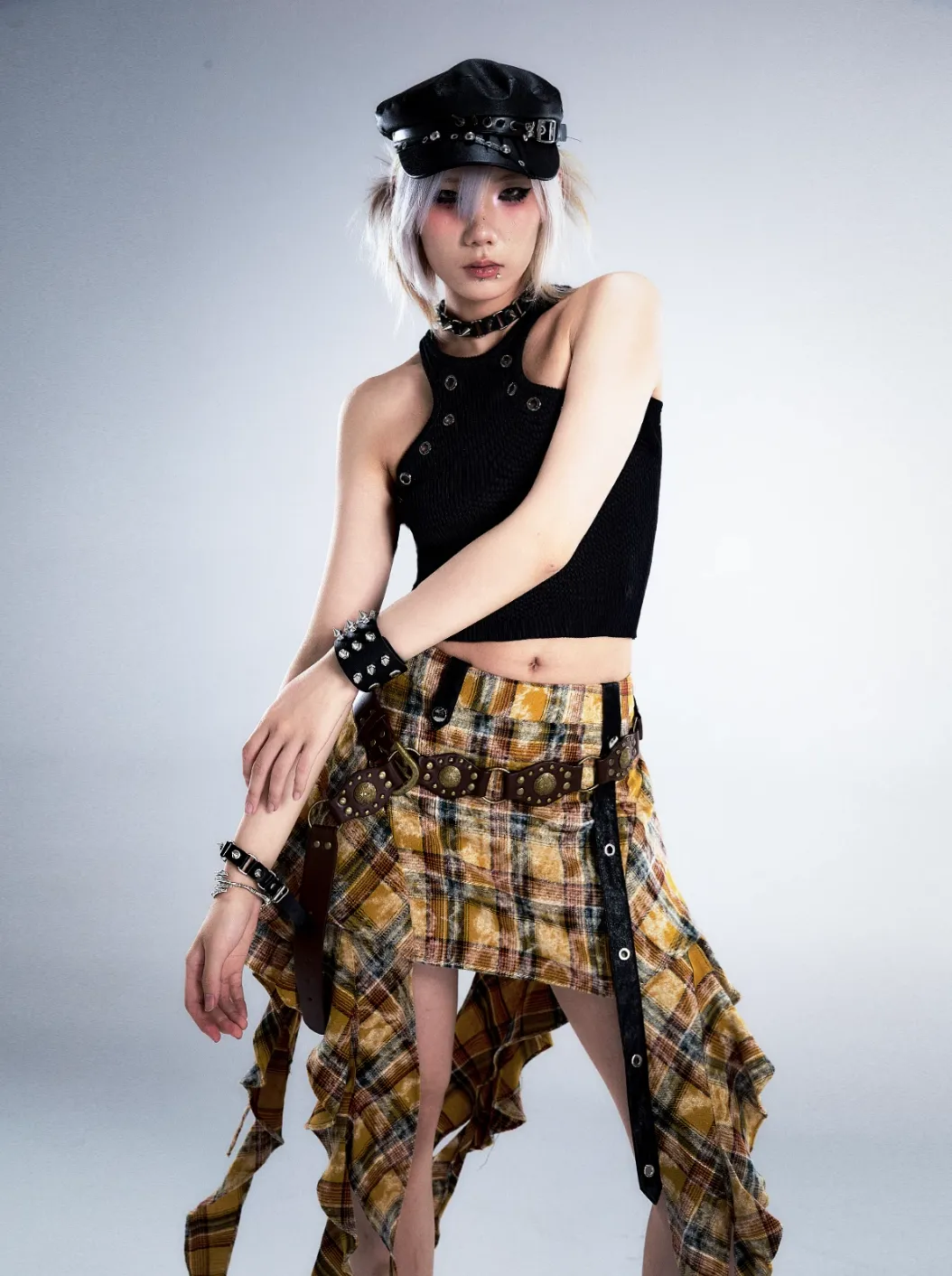 Frustration Garden Gothic Punk Asymmetrical Skirt - Yellow Plaid Ruffled Mini With Leather Straps