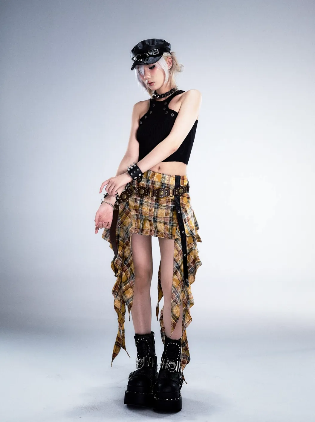 Frustration Garden Gothic Punk Asymmetrical Skirt - Yellow Plaid Ruffled Mini With Leather Straps