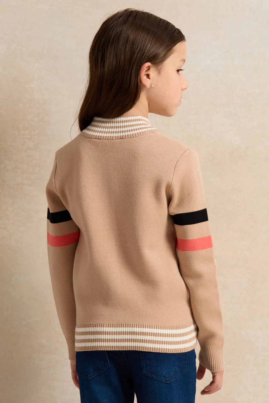 Girls Beige Embellished Sweater