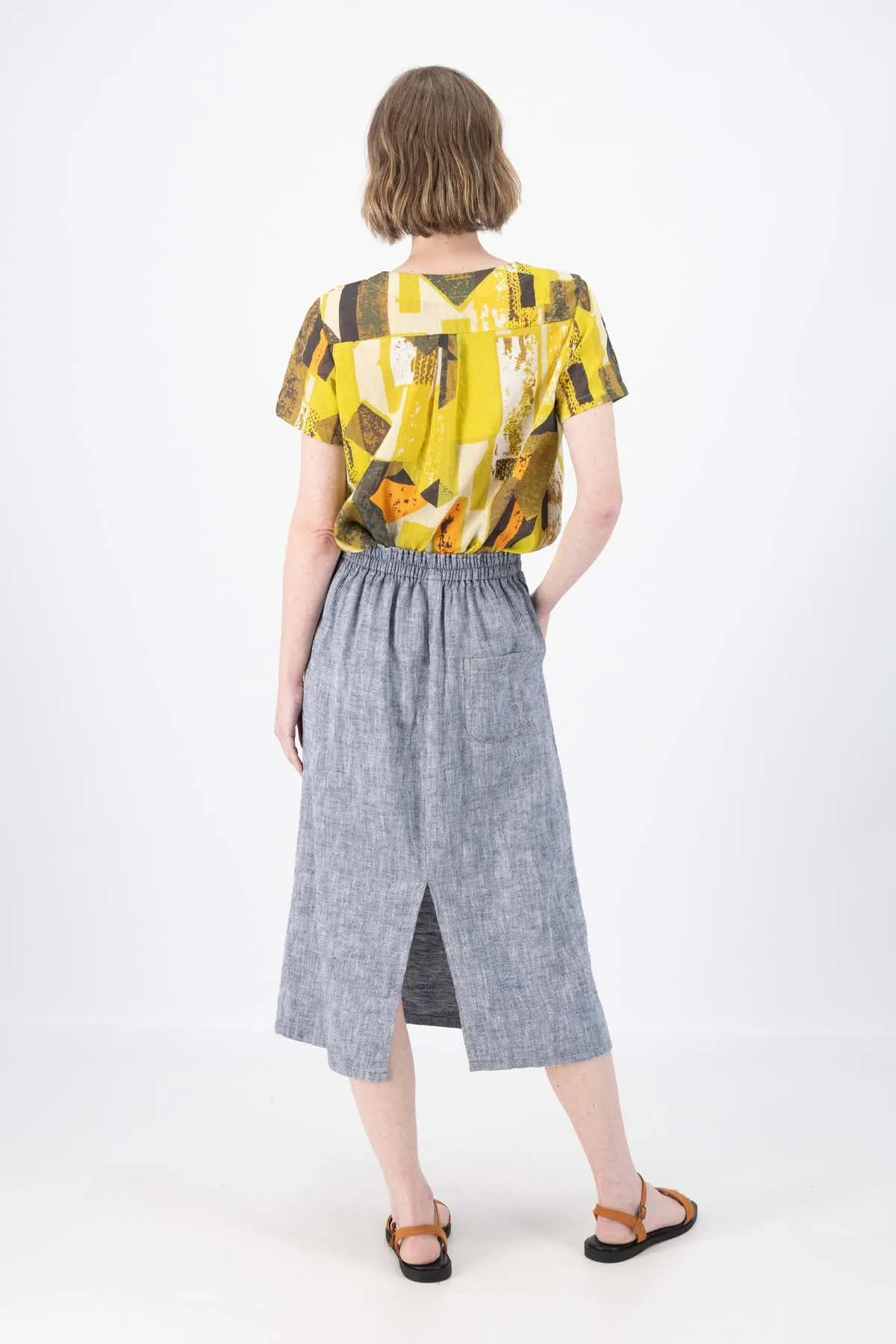 Hepburn Panorama Skirt Navy in Herringbone Linen