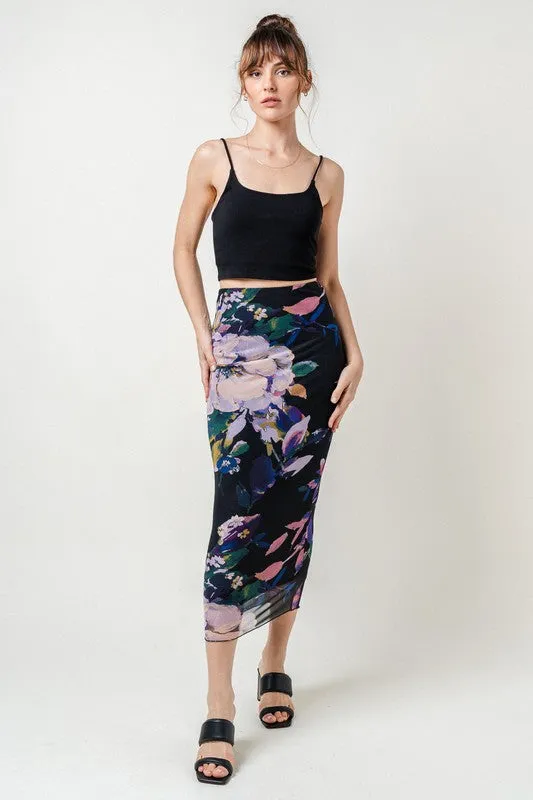 Iris Mesh Dark Floral Midi Skirt