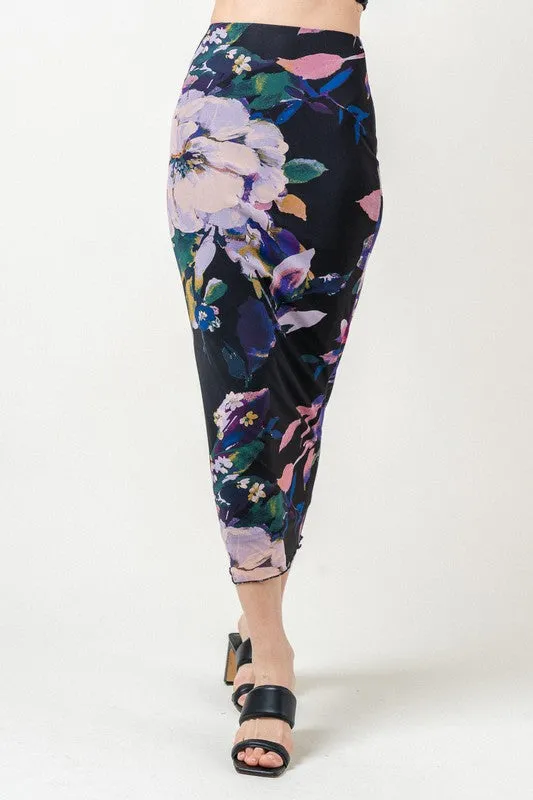 Iris Mesh Dark Floral Midi Skirt